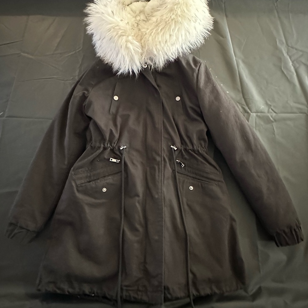 Women's Black Parka with White Faux Fur Hood & removable fleece layer in size S